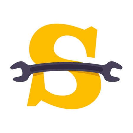 S letter logo with wrench. Vector repair design template elements for your machine emblem or repair corporate identity.のイラスト素材