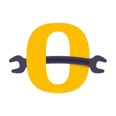 O letter logo with wrench. Vector repair design template elements for your machine emblem or repair corporate identity.のイラスト素材