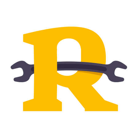 R letter logo with wrench. Vector repair design template elements for your machine emblem or repair corporate identity.のイラスト素材