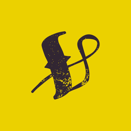 V letter calligraphy  in horror style with grunge texture. Stylish terrible font for your fear corporate identity, circus emblem, nightlife posters, medieval style design, and etc.のイラスト素材