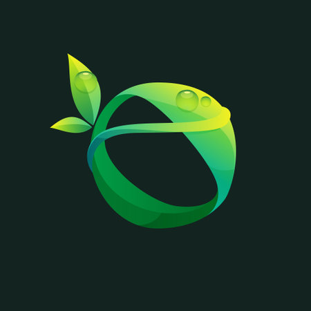 Number zero ecology  with green leaves and dew drops. Vector icon perfect for agriculture labels, eco friendly food emblem, landscape posters and garden identity, etc.のイラスト素材
