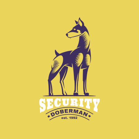 Doberman Pinscher logo in classic engraving style. Vector emblem for your security corporate identity, police illustration, guardian posters, vintage design, and etc.のイラスト素材