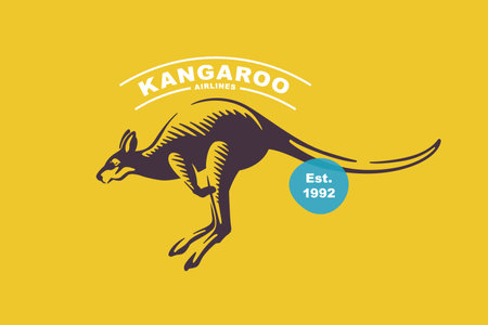 Kangaroo emblem in classic elegance engraving style. Vector logo for your sport sport team branding, Australian illustration, retro poster, and etc.のイラスト素材