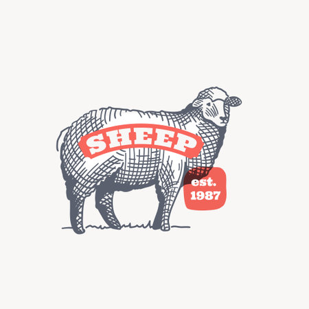 Farm sheep emblem in classic elegance engraving style. Vector drawing for your food corporate identity, agriculture illustration, restaurant logo, and etc.のイラスト素材
