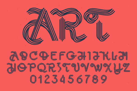 Alphabet and numbers set made of five parallel lines with noise texture. Impossible shape logos. Vector vintage font for boutique labels, chic headlines, jewelry posters, wedding cards etc.のイラスト素材