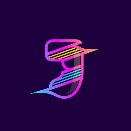 J letter logo with diagonal multicolor lines. This font is perfect for an audio technology, advertising of a tech company, DJs posters, speed music identity, etc.のイラスト素材