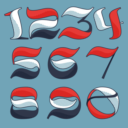 Numbers set with shadow lines effect. Premium victorian script typeface for sport team logo, luxury headlines, university posters, premium diploma, etc.のイラスト素材