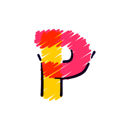 P letter logo hand drawn with a colored pencils. Perfect vector childish font for a school style cartoon, cute comic print, kindergarten posters, etc.のイラスト素材