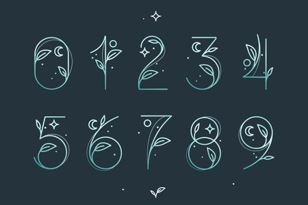 Numbers set with graceful with moon, stars and leaves decoration.のイラスト素材