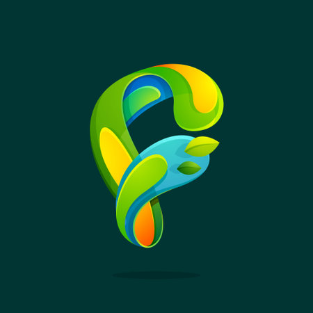 F letter with green leaves eco logo.Vector colorful typeface for agriculture branding design, spring labels, garden posters, environment identity etc.のイラスト素材