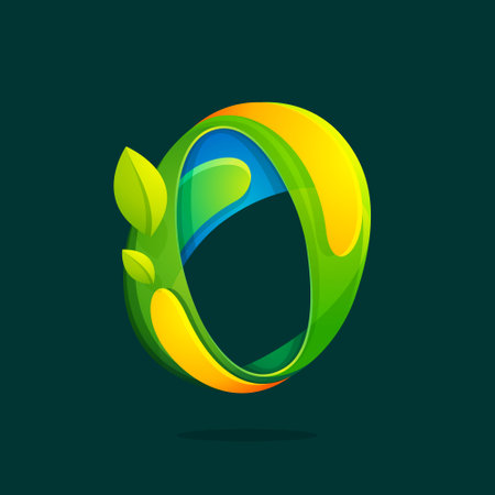 O letter with green leaves eco logo.Vector colorful typeface for agriculture branding design, spring labels, garden posters, environment identity etc.のイラスト素材