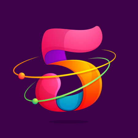 Number five logo with atoms orbits. Vector design for banner, presentation, web page, card, labels or posters.のイラスト素材