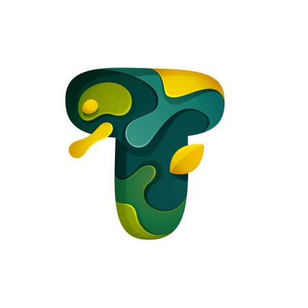 Paper cut letter T logo. Layer carving style effect icon. Green origami element perfect for agriculture labels, eco friendly food emblem, landscape posters and garden identity, etc.のイラスト素材