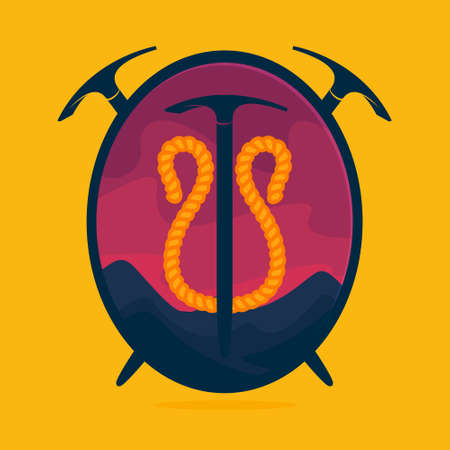 U letter logo formed by rope with mountains and ax. Vintage mountaineering expeditions logos, discovery badges, trekking emblems and design elements.のイラスト素材
