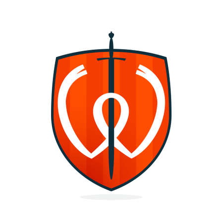 w letter on the sword and shield. Font style, vector design template elements for championship application or secure corporate identity.のイラスト素材