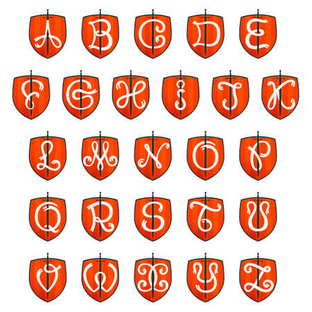 Alphabet letters on the sword and shield. Font style, vector design template elements for your application or corporate identity.のイラスト素材