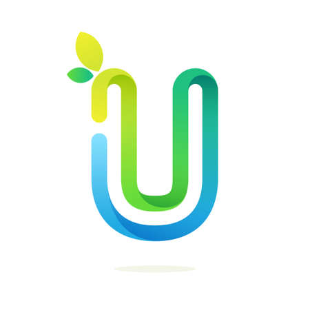 U letter with green leaves eco . Line font style, vector design template elements for your ecology application or green corporate identity.のイラスト素材