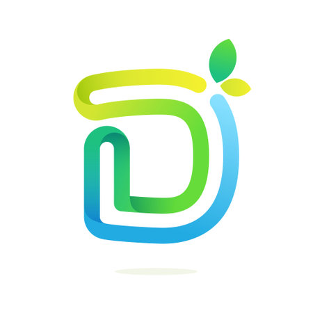 D letter with green leaves eco logo. Line font style, vector design template elements for your ecology application or green corporate identity.のイラスト素材