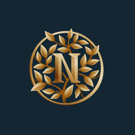 Golden tree N letter logo. Vintage circle vector emblem. Premium typeface for real estate layout, luxury card, elegant presentation, glamor label, fashion posters, boutique icon, etc.のイラスト素材