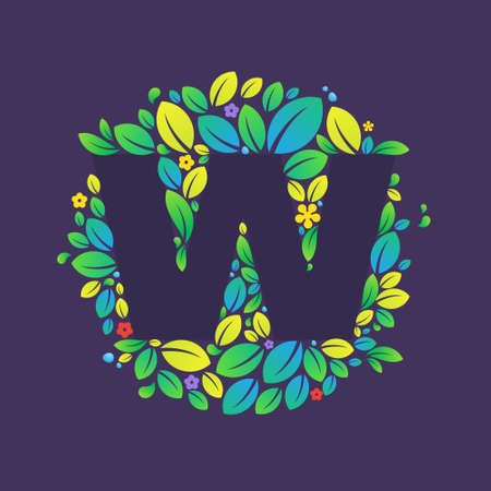 W letter logo in a circle of leaves and flowers. Font style, vector botany design template elements for your vegan or ecology application or spring identity.のイラスト素材