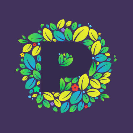 P letter logo in a circle of leaves and flowers. Font style, vector botany design template elements for your vegan or ecology application or spring identity.のイラスト素材