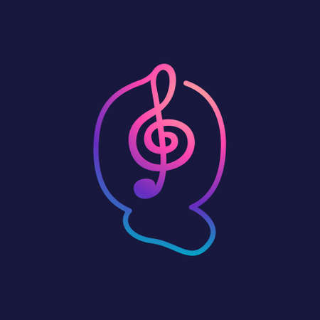 Letter Q logo with musical note. Vector line icon for Audio company, Sound media magazine, Singer and DJ poster.のイラスト素材