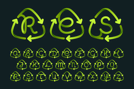 Alphabet in recycling symbols. Green reuse sign with rotating arrows. Vector font for your upcoming eco-friendly and zero waste projects.のイラスト素材