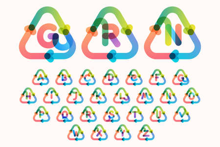 Alphabet inside triangular-shaped recycling symbol with arrows. Colorful gradient overlay emblem for...
