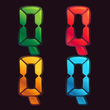 Q letter logo in alarm clock style. Digital font in four color schemes for futuristic company identity, nightlife magazine, expressive posters.のイラスト素材