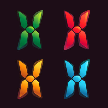 X letter logo in alarm clock style. Digital font in four color schemes for futuristic company identity, nightlife magazine, expressive posters.のイラスト素材