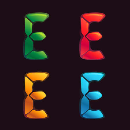 E letter logo in alarm clock style. Digital font in four color schemes for futuristic company identity, nightlife magazine, expressive posters.のイラスト素材