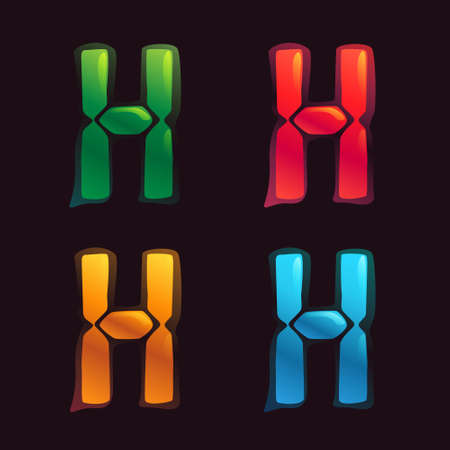 H letter logo in alarm clock style. Digital font in four color schemes for futuristic company identity, nightlife magazine, expressive posters.のイラスト素材