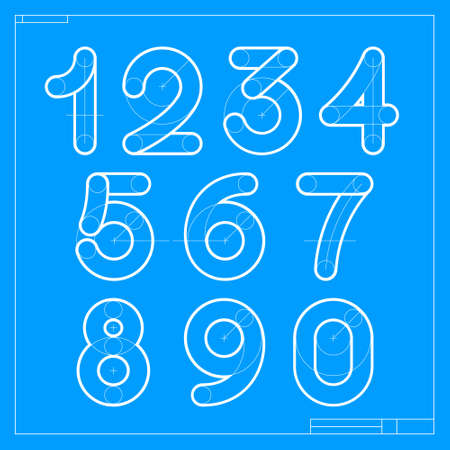 Blueprint sketch numbers set with construction lines. Vector font for building company identity,...