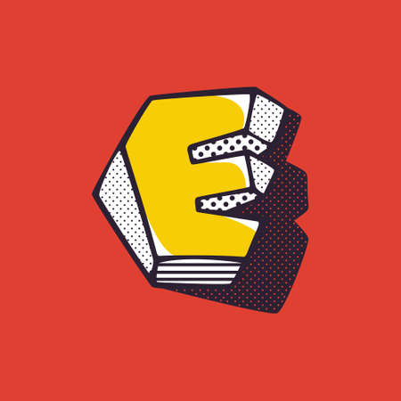 Retro 3d letter E logo with polka dot and striped pattern on the sides. Vector isometric font for kids labels, a magic toy company, impossible art posters, etc.のイラスト素材