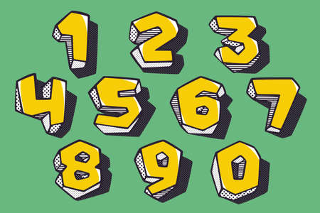 Retro 3d numbers set with polka dot and striped pattern on the sides. Vector isometric font for kids...