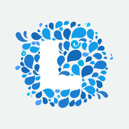 L letter in a circle of splashes and drops of water. Font style, vector design template elements for your ecology application or corporate identity.のイラスト素材