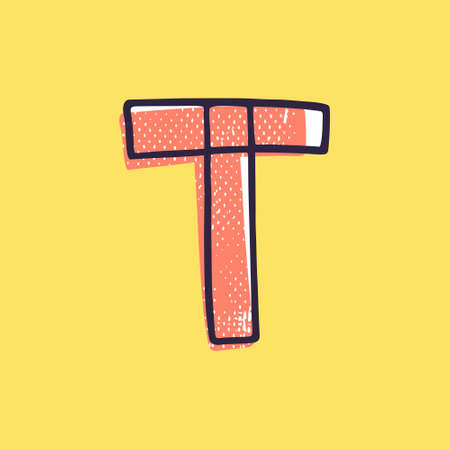 Kid style letter T logo hand-drawn with a marker with paint shift effect. Vector cartoon typeface for fun zone decoration, children's collages, a toy company, cute art posters, etc.のイラスト素材