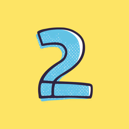 Kid style number two hand-drawn with a marker with paint shift effect. Vector cartoon typeface for fun zone decoration, children's collages, a toy company, cute art posters, etc.のイラスト素材