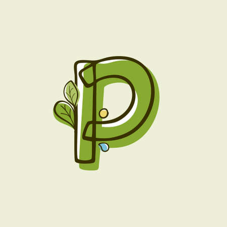Eco style letter P  hand-drawn with a marker with paint shift effect. Vector cartoon typeface for children's zero waste collages, nature protection company, spring posters, etc.のイラスト素材