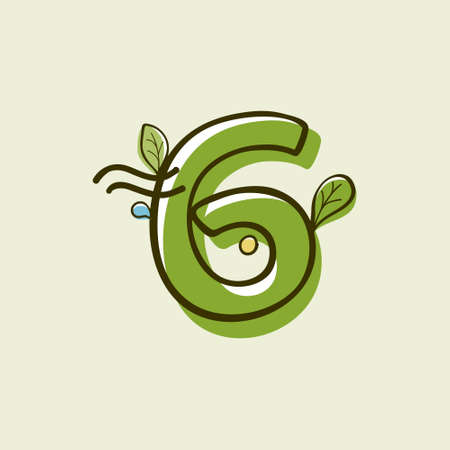 Eco style number six hand-drawn with a marker with paint shift effect. Vector cartoon typeface for children's zero waste collages, nature protection company, spring posters, etc.のイラスト素材