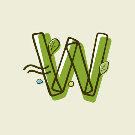 Eco style letter W hand-drawn with a marker with paint shift effect. Vector cartoon typeface for children's zero waste collages, nature protection company, spring posters, etc.のイラスト素材