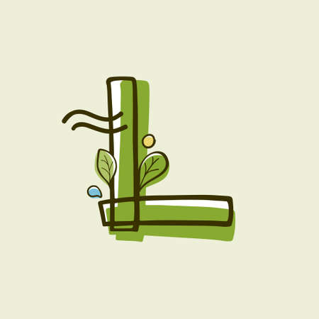 Eco style letter L hand-drawn with a marker with paint shift effect. Vector cartoon typeface for children's zero waste collages, nature protection company, spring posters, etc.のイラスト素材