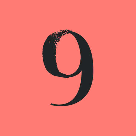 Number nine with dry brush stroke and serif. Vintage font with rough edges decoration elements....
