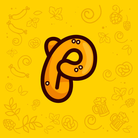 Letter P icon made of pretzel. Hand-drawn with Oktoberfest pattern on background. Perfect to use in any German restaurant advertising, party posters, appetizer identity, etc.のイラスト素材