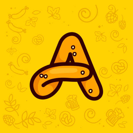 Letter A icon made of pretzel. Hand-drawn with Oktoberfest pattern on background. Perfect to use in any German restaurant advertising, party posters, appetizer identity, etc.のイラスト素材