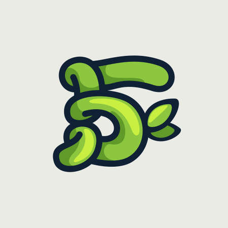 Bold twisted eco-friendly number five logo, hand-drawn by a marker. Green vector font is perfect for your Botanics project, zero waste infographic, or nature's style poster.のイラスト素材