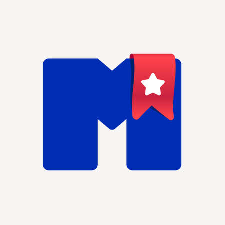 Cute and bold M letter logo with a red bookmark ribbon and white star. Vector typeface is perfect for your Favorite project, School infographic, Reading App identity, Books store, or company.のイラスト素材