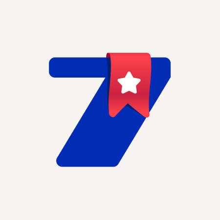 Cute and bold number seven logo with a red bookmark ribbon and white star. Vector typeface is perfect for your Favorite project, School infographic, Reading App identity, Books store, or company.のイラスト素材