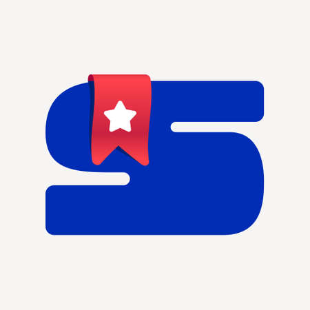 Cute and bold S letter logo with a red bookmark ribbon and white star. Vector typeface is perfect for your Favorite project, School infographic, Reading App identity, Books store, or company.のイラスト素材