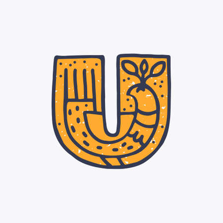 U letter logo with a rooster in the Nordic folk art style in the background. Scandinavian font for Christmas cards, retro posters, historical banners, cute decorative prints on T-shirts.のイラスト素材